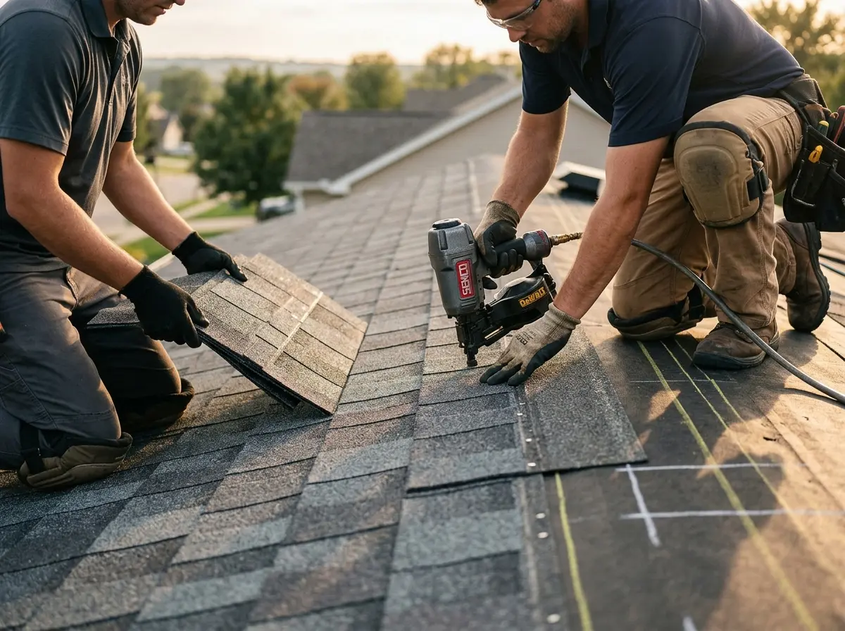 Professional roofer working on a residential roof in Balch Springs